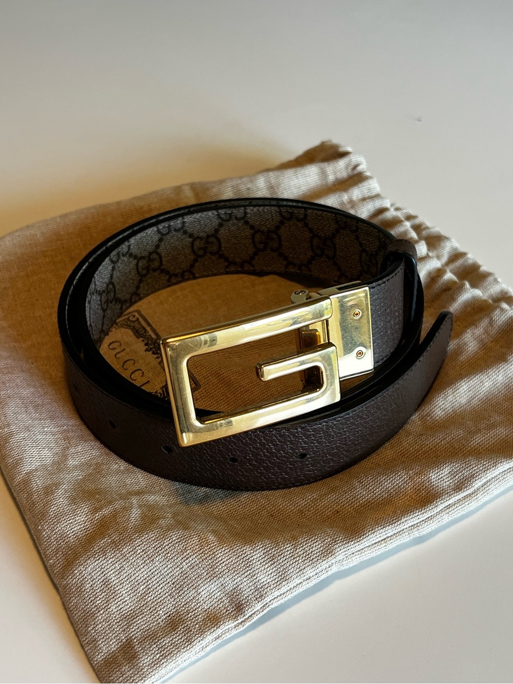 Gucci Reversible Leather Belt - Gold Square G Buckle (Brown and GG Canva)